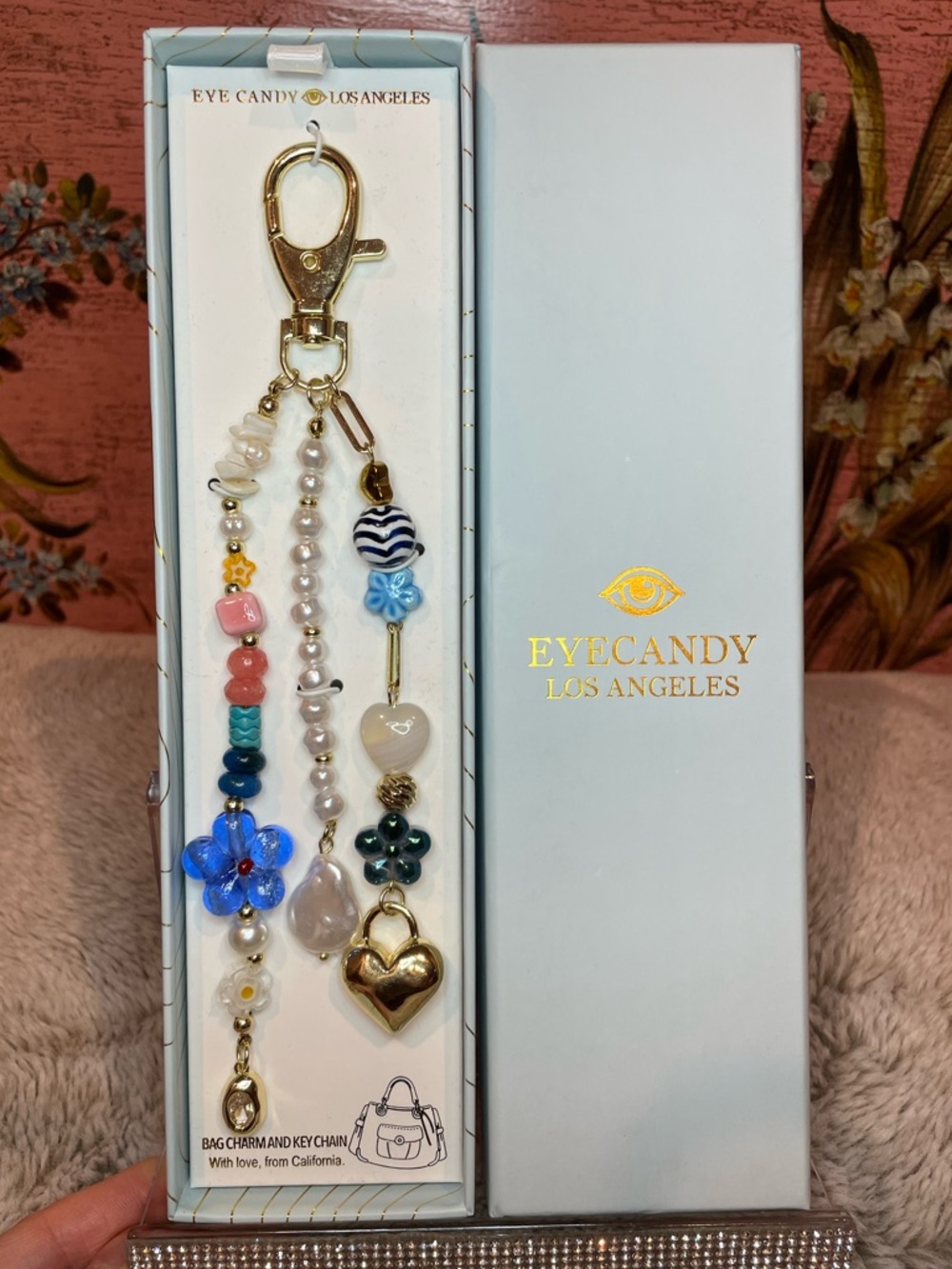 Eye Candy Los Angeles Beaded Heart & Flower Bag Charm Keychain